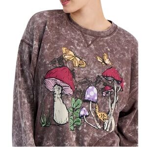 SELF ESTEEM Butterflies & Mushrooms Graphic Sweatshirt Mineral Washed Size Large